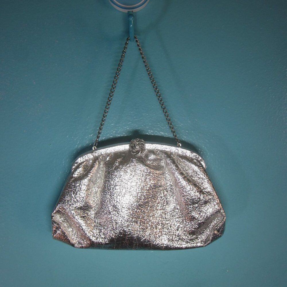 Vintage Silver Metallic Handbag - Chain Strap Clasp Closure Cream Acetate Lining